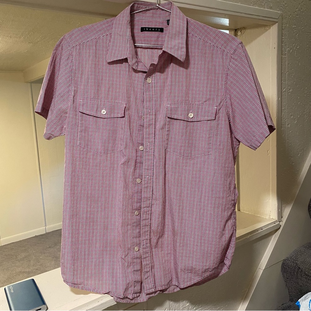 Theory Mens Short Sleeve Button Up Plaid Shirt Size Medium Red Casual Designer